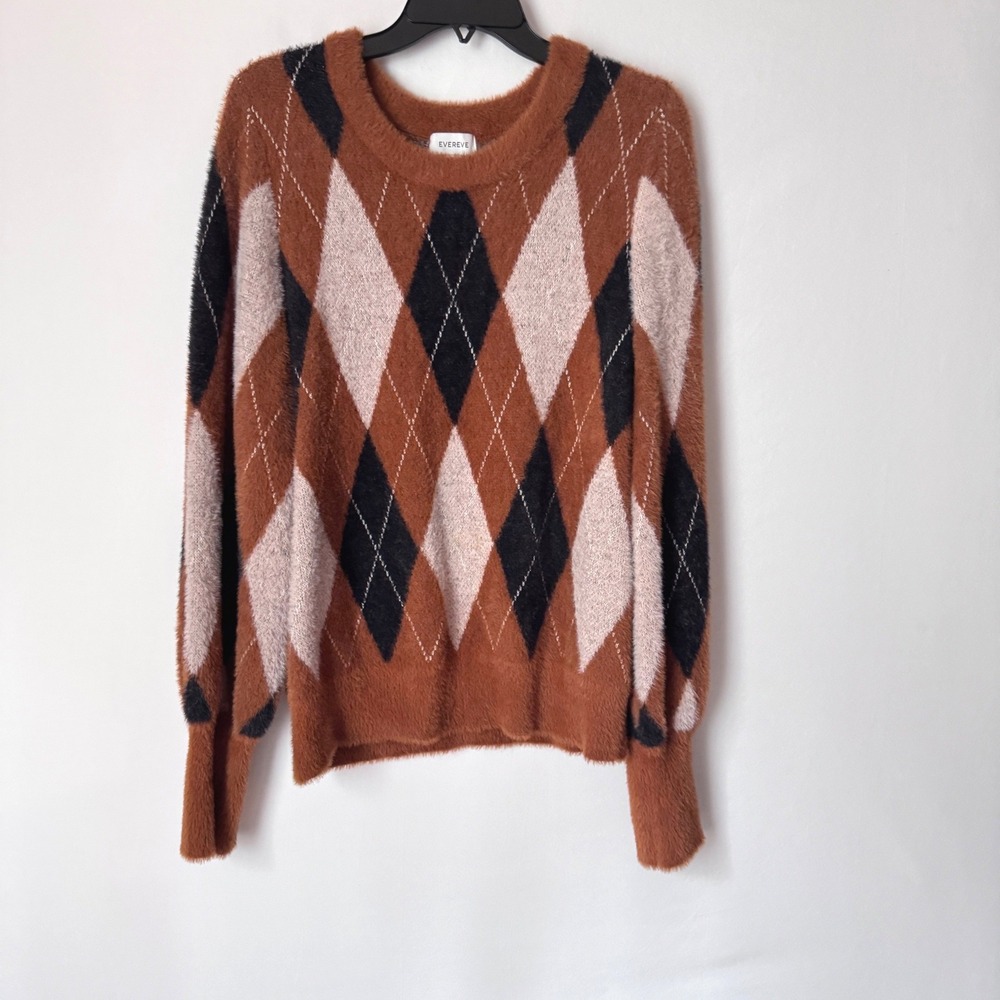 Evereve Sweater Argyle Knit Fuzzy Pullover Women Large Crew Neck Soft